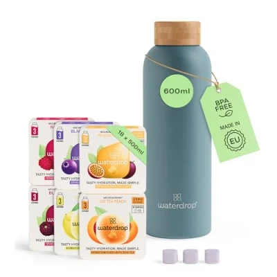 Afbeelding van waterdrop® Starterset Metalen Mat Turquoise 1 Thermosfles 600 ml + 18 Microdrink bruistabletten