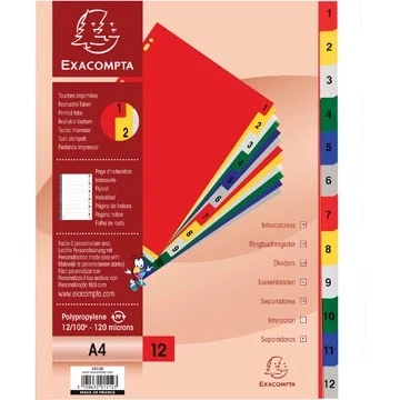 Afbeelding van Exacompta tabbladen numeriek voor ft A4, uit PP 12/100e, 12 kleurtabs,