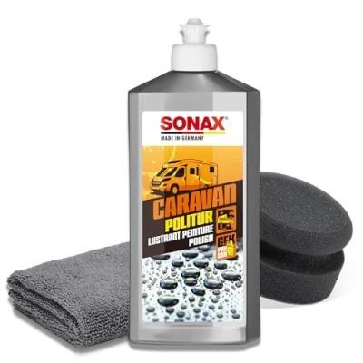 Afbeelding van Sonax caravan polijstset, 500 ml voor lak en GFK + polijstpad microvezeldoek, polijstmiddel het gladmaken van verweerde oppervlakken opfrissen matte kleuren op de