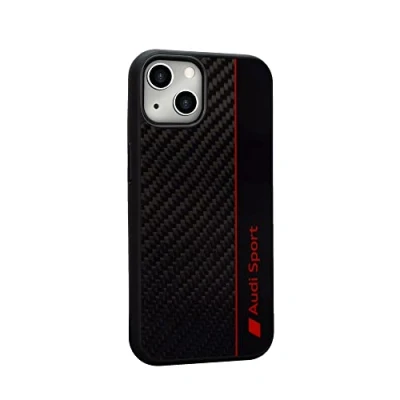 Afbeelding van Audi Sport Smartphone Hoesje Geschikt Voor iPhone 13 Schokbestendige Beschermhoes Carbon Fiber Materiaal met Openeningen Camera, Portals en Knoppen Zwart Rode Details