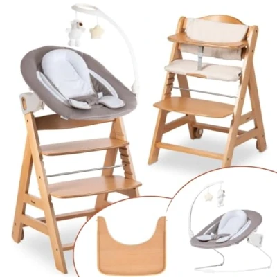 Afbeelding van Hauck Hoge stoel Beta+ Newborn set Deluxe babystoel vanaf de geboorte met pasgeborenen opzetstuk bouncer, zitkussen en eetplank natuurlijk zand