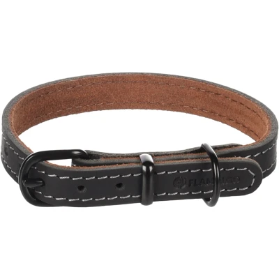 Afbeelding van Flamingo Montana Lederen Ketting Zwart S 29,5 35,5 cm x 15 mm met klinknagels en gesp heeft een zwarte glanzende afwerking