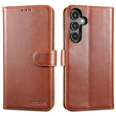 Afbeelding van Lensun hoes voor mobiele telefoon Samsung Galaxy A55 5G, cover, echt lederen standaard, boek met portefeuille, magneetsluiting, flip leren donkerbruin