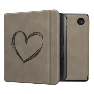 Afbeelding van kwmobile e reader hoesje compatibel met Kobo Libra Colour Kunstleren ereader cover stand Brushed Hart in grijs