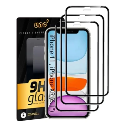 Afbeelding van UNO&#039; 3 displaybeschermfolies van gehard glas voor iPhone 11/XR (6,1 inch), volledige afdekking met zwarte randen, anti vingerafdruk, krasbestendig, hardheidsgraad 9H, luchtbelvrij, zeer sterk.
