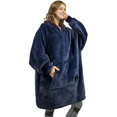 Afbeelding van Kato Tirrinia Oversized hoodiedeken, warm cadeau voor vrouwen, knusse sherpatrui, zachte, draagbare fleecedeken, enorme hoodie met voorzak volwassenen, mannen, vrienden, Donkerblauw