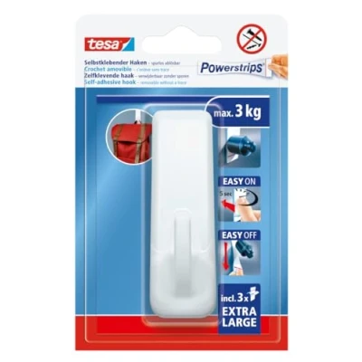 Afbeelding van tesa Powerstrips Zelfklevende Haak XL Rechthoekig Extra Sterke Grip Herbruikbare Muurhaak voor Badkamer of Keuken Montage zonder Boren Wit 1 x 3