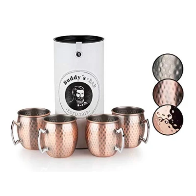 Afbeelding van Buddy&#039;s Bar Moscow Mule beker, 500 ml, hoogwaardige roestvrijstalen geschikt voor levensmiddelen, hamersla effect, cocktailbeker incl. geschenkdoos, gehamerd, antiek koper, 4 delige set