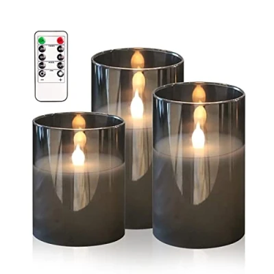 Afbeelding van HIYAA led vlamloze kaarsen, grijs glas, op batterijen, flikkeren met afstandsbediening, 3D lont, realistisch warm licht, timer, voor bruiloft, feest, kerstdecoratie