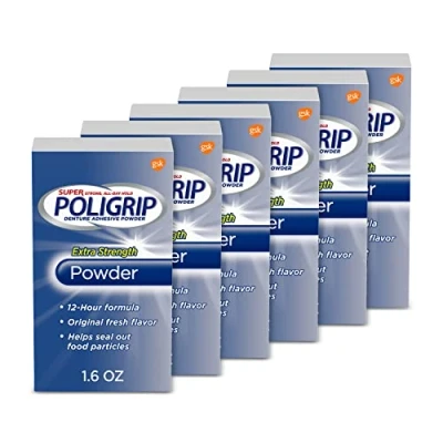 Afbeelding van Poligrip Super Extra Sterkte Kunstgebit en Partials Zelfklevend Poeder, 1.6 Oz, Pack van 6
