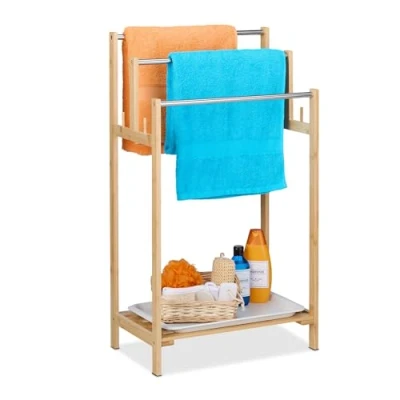 Afbeelding van Relaxdays handdoekenrek met plank 90 x 51 30,5 cm handdoekhouder bamboe 3 stangen