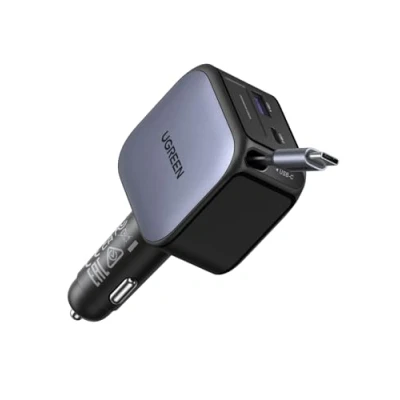 Afbeelding van UGREEN 3 Port Sigarettenaansteker 60W Intrekbare Autolader 30W Geïntegreerde USB C Kabel Autotoebehoren Auto 12V Adapter voor iPhone 16/15, Galaxy S25/24, GPS etc.