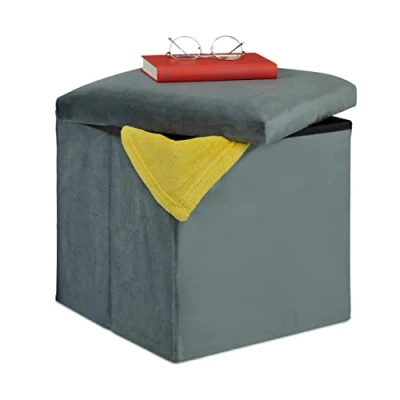 Afbeelding van Relaxdays poef met opbergruimte, opvouwbaar, hocker van MDF &amp; fluweel, HBD: 38 x cm, voetenbank, donkergrijs