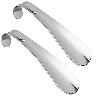 Afbeelding van PREMYO Korte schoenlepel van metaal, schoenlepel, klein, 16 cm lang, handig, stabiel staal met oogje om op te hangen, zilver, 2x Schuhlöffel