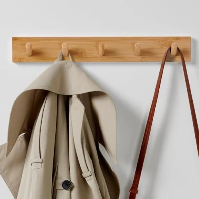 Afbeelding van LARHN houten kapstok met 5 haken 43 cm wandkapstokhaak wandkapstok voor gangen, garderobes, slaapkamers en badkamers