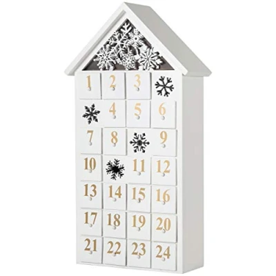 Afbeelding van BRUBAKER Herbruikbare houten Adventskalender om te vullen Wit sneeuwhuisje met LED verlichting Doe het zelf kalender 24,3 x 45 8 cm