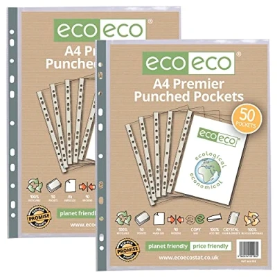 Afbeelding van eco A4 100% Gerecycleerde Premier Multi Ponsen Zakken Glas Helder, Transparant Poly Wallet Sheet Protector, 90 Micron, 100 Portefeuilles (2 Packs van 50), eco108x2