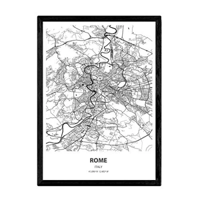 Afbeelding van Nacnic poster met kaart van Rome Italië. Blades steden Italië zeeën en rivieren in zwarte kleur. A3 maat