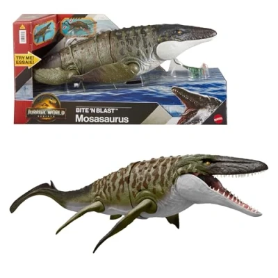 Afbeelding van ​Mattel Jurassic World Rebirth Bijtende en Explosieve Mosasaurus, actiefiguur mini Dilophosaurus, dinosaurusspeelgoed met kaken die ver open kunnen, beweegbaar, JJP80