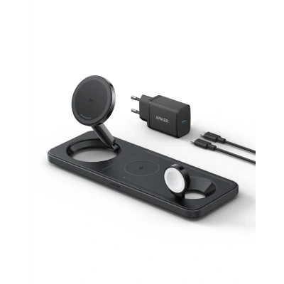 Afbeelding van Anker inklapbaar 3 in 1 draadloos oplaadstation Qi2 gecertificeerd 15 W draadloze oplader voor iPhone series 12, 13, 14 en 15, AirPods Pro, Apple Watch Ultra (inclusief USB C kabel)