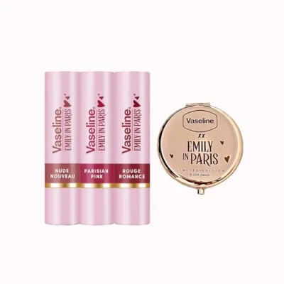 Afbeelding van Vaseline x Emily in Paris Valentijnsdag Set Lippenbalsem Stick van 3 plus Zakspiegeltje Compact Spiegeltje Limited Edition (Mix &amp; Spiegel)