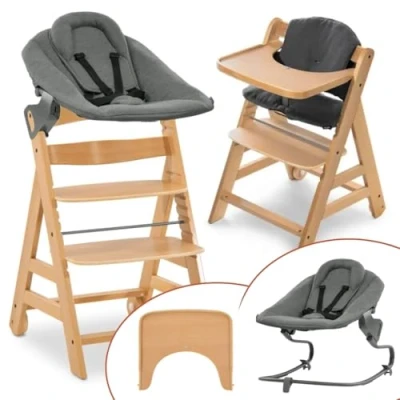 Afbeelding van Hauck Alpha Plus Move Newborn set met premium bouncer incl. 5 punts gordel baby houten kinderstoel vanaf de geboorte wielen, opzetstuk voor pasgeborenen, dienblad en zitkussen natuurlijk
