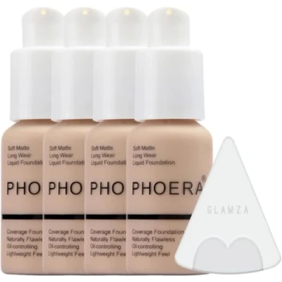 Afbeelding van Glamza Phoera foundation make up set met volledige dekking 24 uurs langdurige oliebestrijding zachte gladde matte vlekkeloze concealer crème Inc x4 30ml en siliconen blender spons (102 naakt)