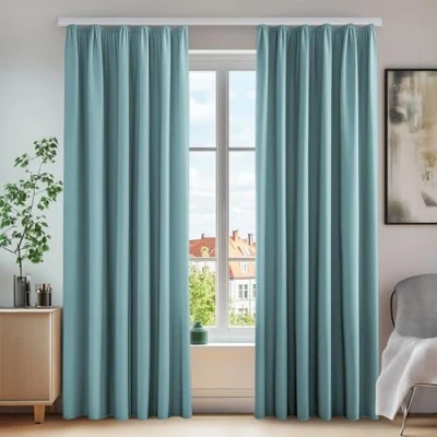 Afbeelding van Deconovo 2 stuks verduisteringsgordijnen met plooiband, deurgordijn, isolerend, koudebescherming, voor woonkamer, slaapkamer, 140 x 220 cm, hemelsblauw