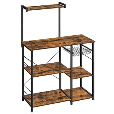 Afbeelding van Keukenrek op wieltjes, serveerwagen met 3 niveaus, keukentrolley magnetronrek, industrieel design, ebbenhoutkleurig zwart