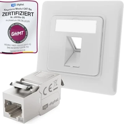 Afbeelding van hb digital CAT 6a netwerkcontactdoos inbouw 1 poort RAL9003 signaalwit + 1x Keystone RJ45 module LAN Ethernet bus inbouwbus voor 5e 6 500MHz 10 Gbit/s STP