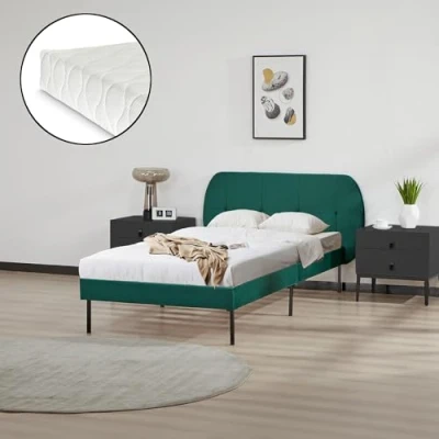 Afbeelding van Gestoffeerd bed Porvoo met bedbodem en matras 90x200 cm donkergroen [en.casa]