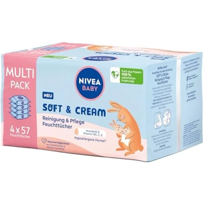 Afbeelding van NIVEA BABY Soft &amp; Cream vochtige doekjes, babydoekjes voor zachte reiniging van de gevoelige babyhuid, hypoallergene doekjes baby&#039;s met amandelolie en vitaminen (4 x 57 stuks)