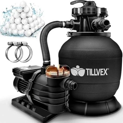 Afbeelding van tillvex Zandfiltersysteem 13.200L/h tot 40.000L + 1200g Filterkogels Zandfilterinstallatie 7 weg ventiel &amp; Adapter Ø32 38mm Zwembadfilter met drukweergave Zandfilter zwembad (Zwart)