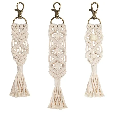 Afbeelding van Belle Vous Mini Macrame Boho Tas Sleutelhangers (3 Stuks) 3 Ontwerpen Unieke Handgemaakte Geweven Franje Bedelhanger voor Auto en Huissleutels Decoraccessoires Telefoon Portemonnee