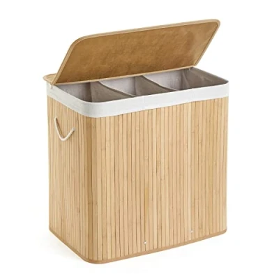 Afbeelding van Mondeer Bamboe wasmand opvouwbaar met 3 secties opbergmand afneembare wasbare voering, wasmand, 150 l, 61,5 x 40 60 cm, natuurlijk