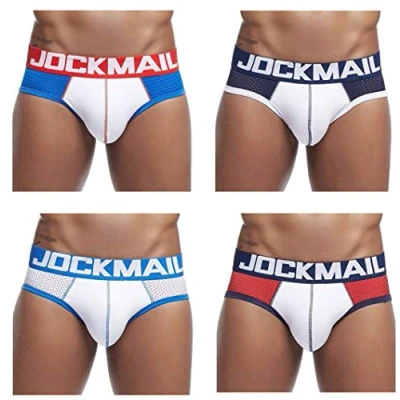Afbeelding van JOCKMAIL 4 STKS/PACK Sexy Mannen Slips Heren Ondergoed Pack Mens Mannelijke Kant Ondergoedbroek, Blauw+donker Blauw+wit+rood, XL