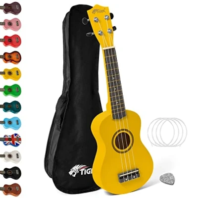 Afbeelding van TIGER UKE7 YL Sopraan Ukulele voor beginners inclusief gigbag, vilt pick, reserve set snaren nu uitgerust met Aquila geel