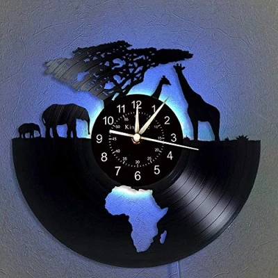 Afbeelding van Vinyl wandklok, Afrika, safaridieren 7 kleuren bedlampje retro Zuid Afrikaans dier geschenken handgemaakte wanddecoratie, A, met licht