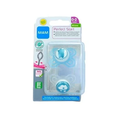 Afbeelding van MAM Perfect Start S186 fopspeen met extra dunne flexibele siliconen skinSoftTM Ultrazachte speen, voor baby&#039;s van 0 tot 2 maanden, zelfsteriliseerbare doos, blauw (pak 2) [geassorteerd model]