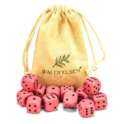 Afbeelding van Waldfelsen 6, 12, 20, 30 of 50 hoogwaardige houten kubussen van echt beukenhout, 16 mm standaard dobbelstenen met stoffen zak, kubusset (roos, 12 stuks)