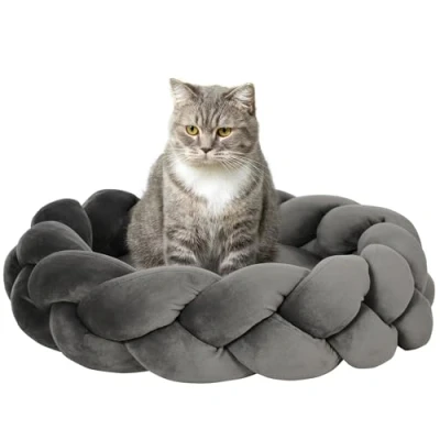 Afbeelding van PawHut hondenbed, rond hondenkussen, bed voor huisdieren, wasbare mat kattenbed, donutkussen, hondenbank minihonden, minikatsen, fluweel, Ø55 x 14 cm, grijs