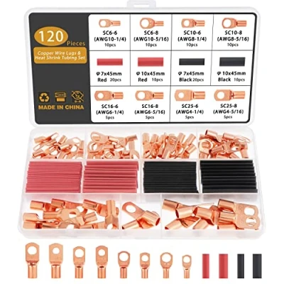 Afbeelding van Gueenky buiskabelschoenen, 120 stuks, 6/10/16/25 mm², 8 maten M6 M8, koperen kabelschoenen, ringkabelschoenen, boutengat, terminalset, batterij, SC klemmen, met