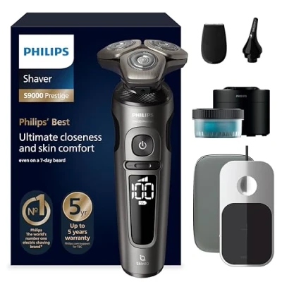 Afbeelding van Philips Shaver S9000 Prestige, elektrisch scheerapparaat nat en droog, Champagne Goud, SkinIQ technologie, hoogwaardig opbergetui, Qi oplaadpad, precisietrimmer, neustrimmer reinigingspod, SP9882/36