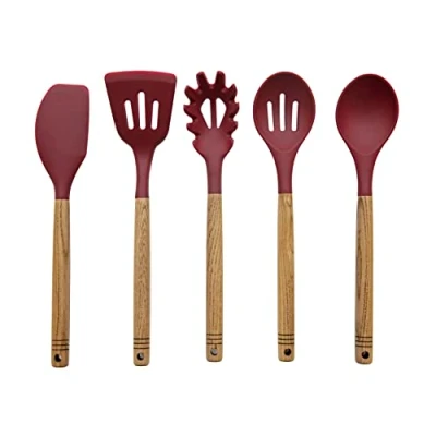 Afbeelding van Kookgerei Set, Kooklepels, Set van 5 Stuks, Rood, Siliconen, Essenhout Barbary &amp; Oak Foundry
