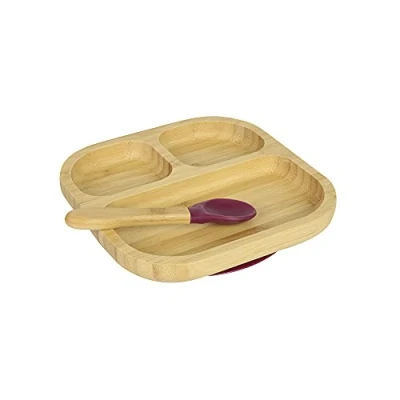 Afbeelding van BIOZOYG Bordenset van bamboe, vierkant, zuignapbord met lepel, FSC gecertificeerd, set kommen bamboehout, voor kinderen, bord babyborden, rood