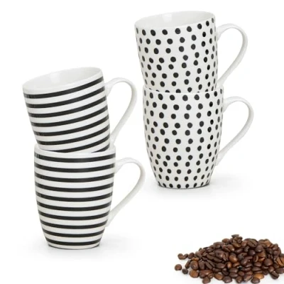 Afbeelding van matches21 Kopjes Mokken koffiekopjes coffeemugs Strepen/stippen Zwart/Wit Keramiek 4 Stuks Set Per 9 cm 280 ml