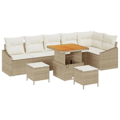 Afbeelding van vidaXL 9 delige Tuin Sofa Set met Kussens Beige Poly Rattan Acacia