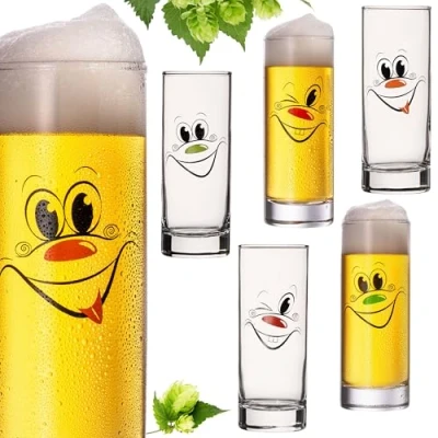 Afbeelding van PLATINUX Hoge bierglazen met grappige gezichten, glas, 300 ml (max. 335 ml), set van 6 stuks, voor carnaval
