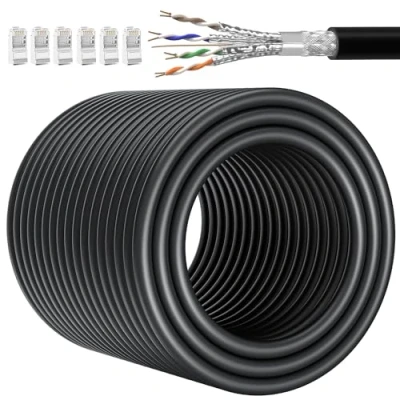 Afbeelding van Ethernet Kabel 60m, Cat 7 Netwerkkabel Buiten Hoge Snelheid 10Gbits 600MHz Internet Afgeschermde SFTP LAN Cable 60 Meter Installatiekabel Zwart Gigabit Datakabel Netwerk Bulk