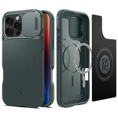Afbeelding van Spigen Optik Armor MagFit Case voor iPhone 16 Pro, Compatibel met MagSafe accessories hoesje Abyss Green
